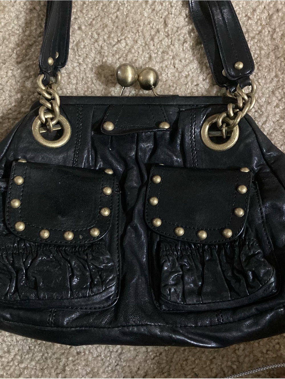 Betsey Johnson Black Studded Pocket Shoulder Bag with Gold Hardware